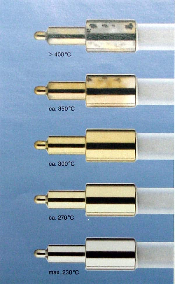 Abhängig von der Temperatur zeigen die Sockel von Entladungslampen unterschiedliche Verfärbungen auf